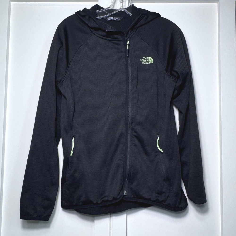The North Face Womens Black Grid Fleece Full Zip Hooded Jacket Medium Lime Green